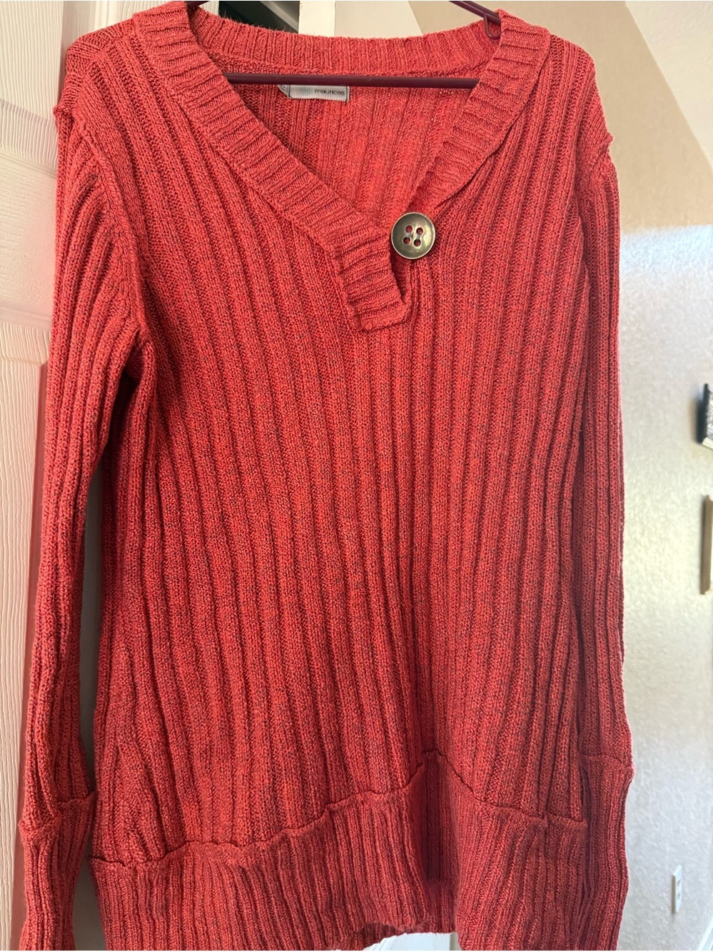 Maurices Ribbed V-Neck Sweater with Button - Coral Red